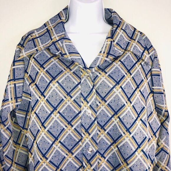 Vintage 70s Shirt Top Womens L Blue Yellow Check Double Knit Polyester - Picture 2 of 5